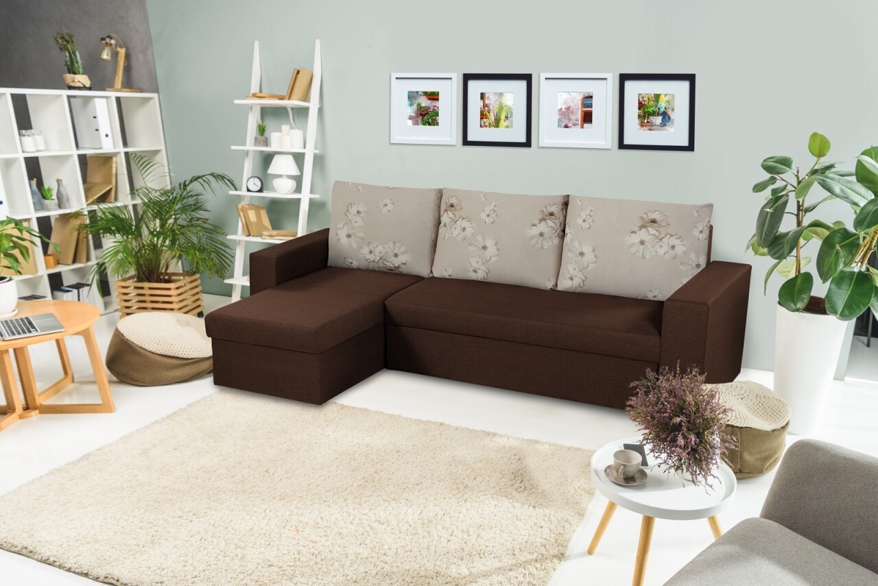 Coltar extensibil reversibil Oslo Dark Chocolate Daisies Flower, cu lada de depozitare, 247x148x78 cm - imagine 7